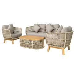 MARK Set Σαλόνι Κήπου 4τεμ, Acacia Φυσικό, Μαξιλάρια Μπεζ Rope Wicker Μπεζ  2 Πολυθρόνες+Καναπές+Τραπεζάκι
