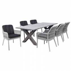 ALLEY Set Τραπεζαρία Κήπου ALU & Rope Grey-Μαξιλ.Ανθρακί: Τραπέζι 180x94 + 6 Πολυθρόνες  Τραπ:180x94x72 Πολ:62x64x85cm