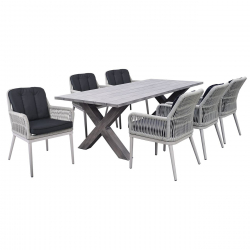 ALLEY Set Τραπεζαρία Κήπου ALU & Rope Grey-Μαξιλ.Ανθρακί: Τραπέζι 180x94 + 6 Πολυθρόνες  Τραπ:180x94x72 Πολ:62x64x85cm