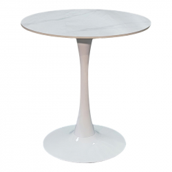 Tραπέζι Balou pakoworld sintered stone σε λευκή απόχρωση με όψη μαρμάρου-βάση λευκό μέταλλο Φ90x73εκ