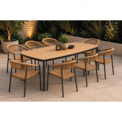 DENVER-MADISON Set Τραπεζαρία: 8 Πολυθρόνες + Τραπέζι, Alu Γκρι Polywood & Wicker Φυσικό  Table:220x97x74 Chair:58x56x78