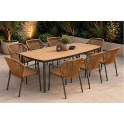 DENVER-DINA Set Τραπεζαρία: 8 Πολυθρόνες + Τραπέζι, Alu Γκρι Polywood & Rope Wicker Φυσικό  Table:220x97x74 Chair:56x60x84