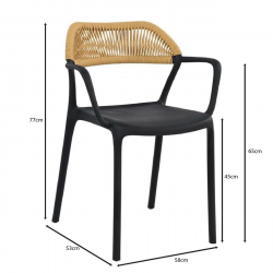DOLLI Πολυθρόνα Στοιβαζόμενη, PP-UV Μαύρο, Rope Wicker Φυσικό  58x53x77cm