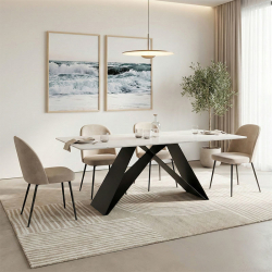 Τραπέζι Mapele pakoworld sintered stone λευκή όψη μαρμάρου με μαύρα μεταλλικά πόδια 180x90x75εκ