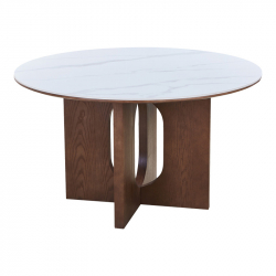 Τραπέζι Merge pakoworld sintered stone-mdf σε λευκό μαρμάρου με καρυδί βάση Φ130x75εκ