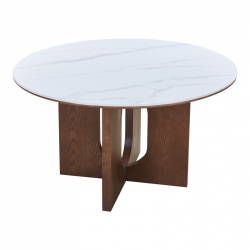 Τραπέζι Merge pakoworld sintered stone-mdf σε λευκό μαρμάρου με καρυδί βάση Φ130x75εκ
