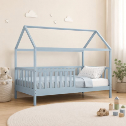 DREAM τ.Montessori Παιδικό Κρεβάτι με Στρώμα 90x190/19cm, Ξύλο Πεύκου Απόχρωση Γαλάζιο  197x97x132cm