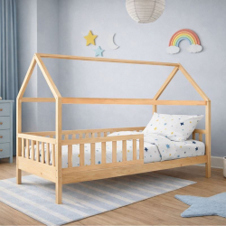 DREAM τ.Montessori Παιδικό Κρεβάτι με Στρώμα 90x190/19cm, Ξύλο Πεύκου Απόχρωση Φυσικό  197x97x132cm
