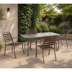SERRANO-RIO Set Κήπου: Τραπέζι + 4 Πολυθρόνες, Μέταλλο Βαφή Beige, Polywood Καρυδί  Table:150x90x71 Chair:56x64x88