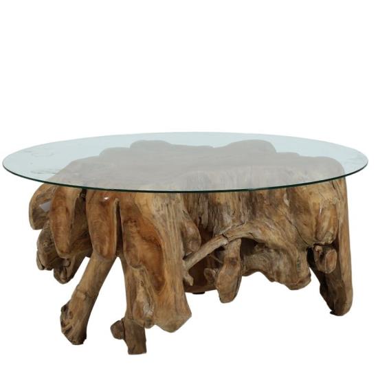 Τραπέζι σαλονιού ρίζα με στρογγυλή γυάλινη επιφάνεια Φυσικό Ξύλο (Βάση)80x80x40cm /(επιφάνεια)125x75cm