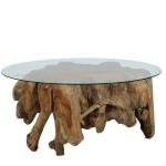 Τραπέζι σαλονιού ρίζα με στρογγυλή γυάλινη επιφάνεια Φυσικό Ξύλο (Βάση)80x80x40cm /(επιφάνεια)125x75cm